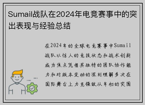 Sumail战队在2024年电竞赛事中的突出表现与经验总结