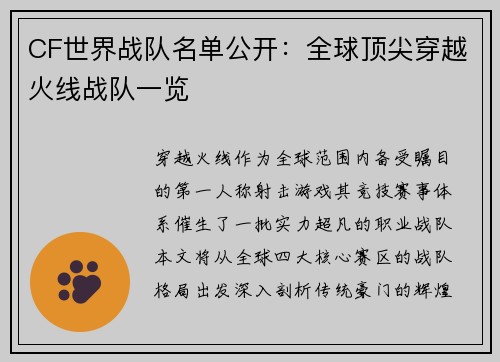 CF世界战队名单公开：全球顶尖穿越火线战队一览